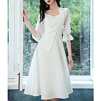 A-Line Wedding Dresses Bateau Neck Tea Length Stretch Fabric Half Sleeve Romantic Simple with Bow(s) 2020
