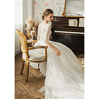 A-Line Wedding Dresses Jewel Neck Chapel Train Lace Tulle Half Sleeve Country with Appliques 2020