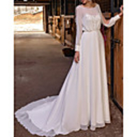 A-Line Wedding Dresses Jewel Neck Court Train Chiffon Long Sleeve Country with Appliques 2020