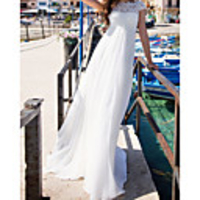 A-Line Wedding Dresses Jewel Neck Court Train Chiffon Short Sleeve Beach with Lace Insert 2020