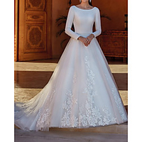 A-Line Wedding Dresses Jewel Neck Court Train Lace Satin Tulle Long Sleeve Country Formal with Appliques 2020