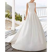 A-Line Wedding Dresses Jewel Neck Court Train Satin Sleeveless Country Simple with Pleats 2020