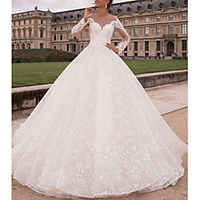 A-Line Wedding Dresses Jewel Neck Floor Length Lace Tulle Long Sleeve Country Luxurious with Appliques 2020