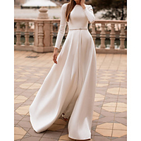 A-Line Wedding Dresses Jewel Neck Floor Length Satin Long Sleeve Country Simple with Sashes / Ribbons Buttons 2020