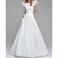 A-Line Wedding Dresses Jewel Neck Floor Length Satin Sleeveless Simple Backless with 2020