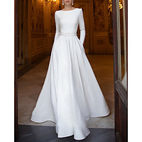 A-Line Wedding Dresses Jewel Neck Floor Length Stretch Satin Long Sleeve Romantic with 2020