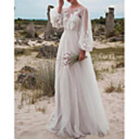 A-Line Wedding Dresses Jewel Neck Floor Length Tulle Long Sleeve Romantic Beach Boho See-Through Illusion Sleeve with Appliques 2020