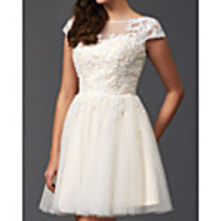 A-Line Wedding Dresses Jewel Neck Short / Mini Lace Tulle Short Sleeve Vintage Little White Dress 1950s with Appliques 2020
