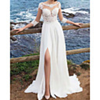A-Line Wedding Dresses Jewel Neck Sweep / Brush Train Chiffon Lace 3/4 Length Sleeve Beach with Appliques Split Front 2020