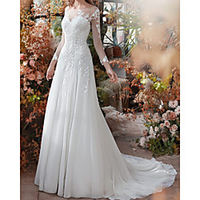 A-Line Wedding Dresses Jewel Neck Sweep / Brush Train Chiffon Lace Long Sleeve Country Vintage with 2020