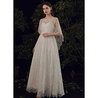 A-Line Wedding Dresses Jewel Neck Sweep / Brush Train Lace Short Sleeve Country with 2020