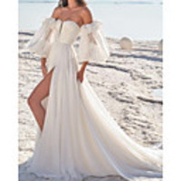 A-Line Wedding Dresses Off Shoulder Chapel Train Chiffon Short Sleeve Beach with Split Front 2020
