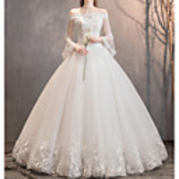 A-Line Wedding Dresses Off Shoulder Floor Length Lace Tulle 3/4 Length Sleeve Glamorous Illusion Sleeve with Appliques 2020
