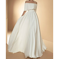 A-Line Wedding Dresses Off Shoulder Floor Length Satin Short Sleeve Simple with 2020
