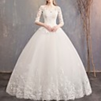 A-Line Wedding Dresses Off Shoulder Floor Length Tulle Half Sleeve Glamorous See-Through Backless Illusion Sleeve with Appliques 2020