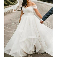 A-Line Wedding Dresses Off Shoulder Floor Length Tulle Sleeveless Country Simple Plus Size with Ruched 2020