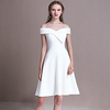 A-Line Wedding Dresses Off Shoulder Knee Length Stretch Fabric Short Sleeve Simple Vintage Little White Dress Cute with Pleats 2020