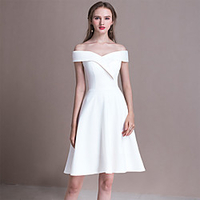 A-Line Wedding Dresses Off Shoulder Knee Length Stretch Fabric Short Sleeve Simple Vintage Little White Dress Cute with Pleats 2020