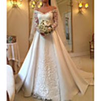 A-Line Wedding Dresses Off Shoulder Sweep / Brush Train Satin Long Sleeve Illusion Sleeve with Lace Insert 2020