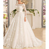 A-Line Wedding Dresses Off Shoulder Sweep / Brush Train Tulle Regular Straps Illusion Sleeve with Appliques 2020