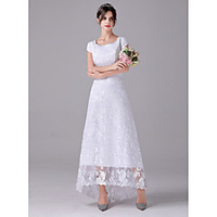 A-Line Wedding Dresses Scoop Neck Asymmetrical Lace Cap Sleeve Romantic Plus Size with 2020