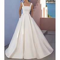 A-Line Wedding Dresses Scoop Neck Floor Length Satin Sleeveless Country Simple with Pleats 2020