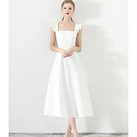 A-Line Wedding Dresses Square Neck Ankle Length Stretch Fabric Sleeveless Simple Vintage Little White Dress 1950s with 2020