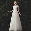 A-Line Wedding Dresses Square Neck Floor Length Lace Tulle Short Sleeve Romantic Simple with Appliques 2020