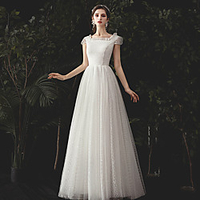 A-Line Wedding Dresses Square Neck Floor Length Lace Tulle Short Sleeve Romantic Simple with Appliques 2020