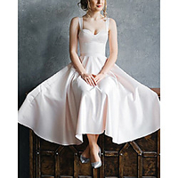 A-Line Wedding Dresses V Neck Ankle Length Italy Satin Sleeveless Simple Vintage Little White Dress with Pleats 2020