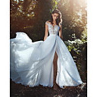 A-Line Wedding Dresses V Neck Court Train Chiffon Lace Cap Sleeve Country Romantic Sexy See-Through Backless with Lace Sashes / Ribbons 2020