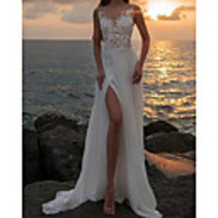 A-Line Wedding Dresses V Neck Court Train Chiffon Lace Sleeveless Beach with Lace Insert Split Front 2020