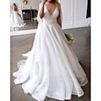 A-Line Wedding Dresses V Neck Court Train Chiffon Sleeveless Beach with Pleats 2020