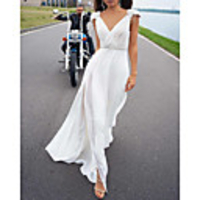A-Line Wedding Dresses V Neck Court Train Chiffon Sleeveless Beach with Ruffles Split Front 2020