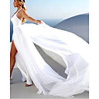 A-Line Wedding Dresses V Neck Court Train Chiffon Sleeveless Beach with Split Front 2020