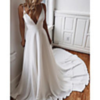 A-Line Wedding Dresses V Neck Court Train Chiffon Sleeveless Simple Beach with 2020