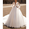 A-Line Wedding Dresses V Neck Court Train Organza Satin Long Sleeve Country Simple with Pleats 2020