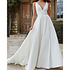 A-Line Wedding Dresses V Neck Court Train Satin Sleeveless Simple with 2020
