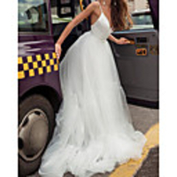 A-Line Wedding Dresses V Neck Court Train Satin Tulle Sleeveless Beach with 2020