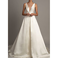 A-Line Wedding Dresses V Neck Court Train Stretch Satin Regular Straps with Ruched 2020