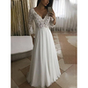 A-Line Wedding Dresses V Neck Floor Length Chiffon Lace 3/4 Length Sleeve Romantic Beach Plus Size with Pleats Appliques 2020