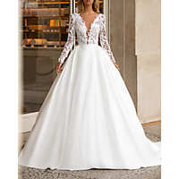 A-Line Wedding Dresses V Neck Floor Length Lace Satin Long Sleeve Country with 2020