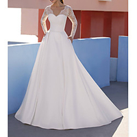 A-Line Wedding Dresses V Neck Floor Length Lace Satin Long Sleeve Formal Luxurious with Appliques 2020