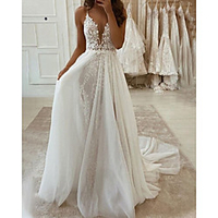 A-Line Wedding Dresses V Neck Floor Length Lace Tulle Sleeveless Romantic Beach with Pleats Appliques 2020