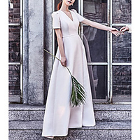 A-Line Wedding Dresses V Neck Floor Length Satin Short Sleeve Simple Vintage Little White Dress with Pleats 2020