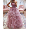 A-Line Wedding Dresses V Neck Floor Length Tulle Sleeveless Country Romantic with Cascading Ruffles 2020