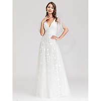 A-Line Wedding Dresses V Neck Maxi Tulle Short Sleeve Little White Dress Illusion Detail with Lace 2020