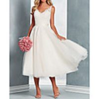 A-Line Wedding Dresses V Neck Midi Tulle Regular Straps with Bow(s) Lace Insert 2020