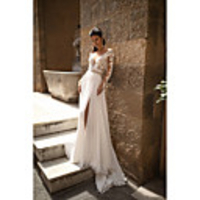 A-Line Wedding Dresses V Neck Sweep / Brush Train Chiffon Lace Long Sleeve Romantic Backless Illusion Sleeve with Beading Appliques Split Front 2020