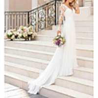 A-Line Wedding Dresses V Neck Sweep / Brush Train Chiffon Lace Long Sleeve Romantic Illusion Sleeve with Lace Insert 2020